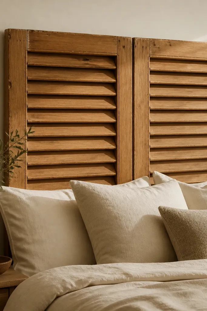Two wooden window shutters mounted side-by-side as a headboard. The shutters are stained honey brown and lightly distressed at edges. The louvers create shadow lines across a cream wall.
