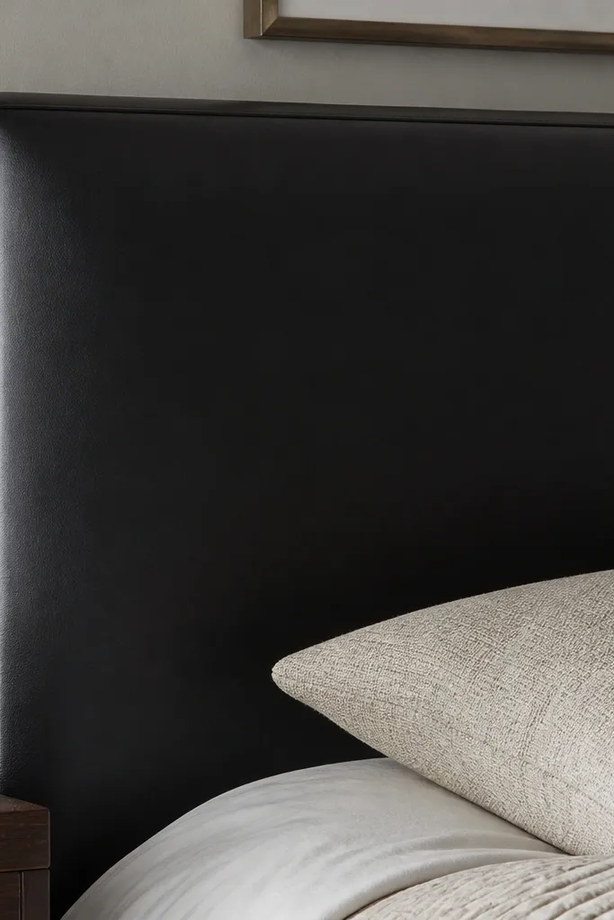 A padded headboard covered in black leather-look vinyl. The edges are wrapped and folded cleanly, with a subtle top seam line. It looks smooth and structured.