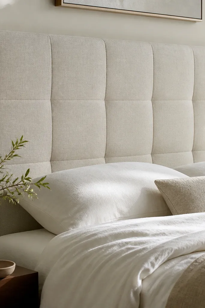 A linen headboard with straight-line stitching forming a grid. The fabric is light oatmeal, and the back is neatly stapled. The stitching lines are evenly spaced and create a tufted effect without buttons.