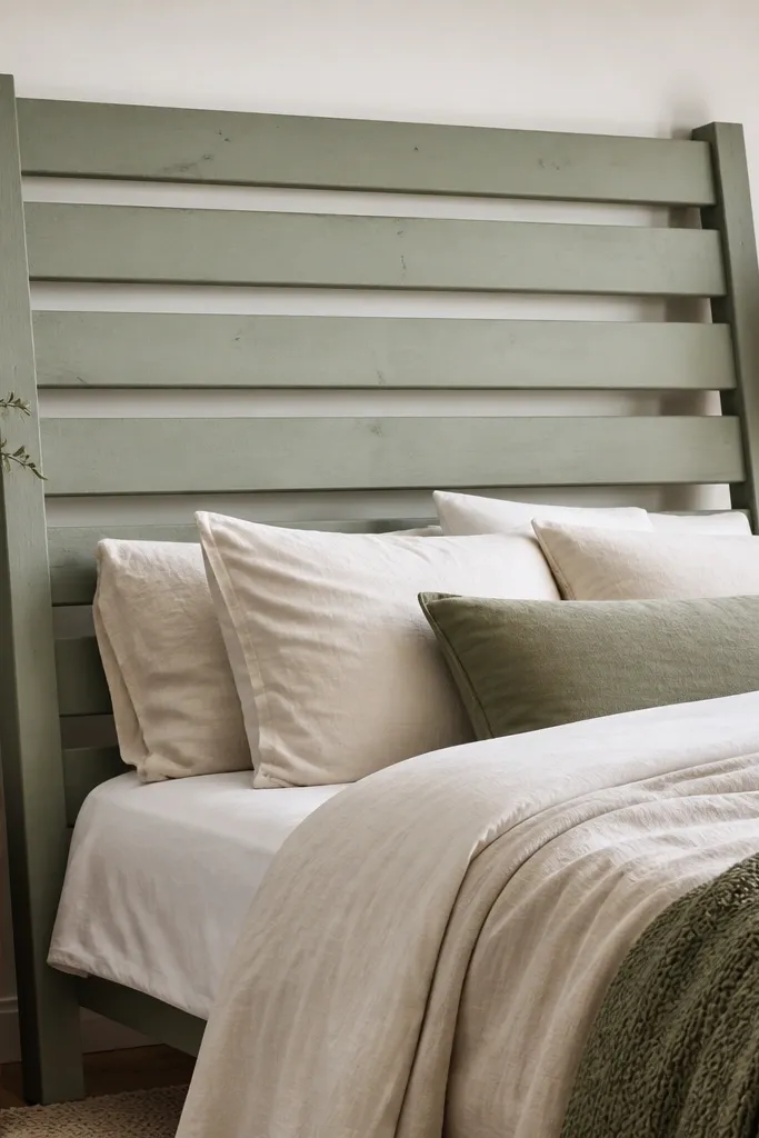 A freestanding headboard that looks like a ladder. Pallet slats are attached between two side rails, painted soft sage. It stands behind the bed without wall mounting.