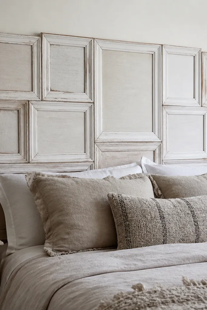 A headboard made from multiple thrifted wooden picture frames laid in rows, with the centers filled by painted wood panels. The frames are mismatched in shade but tied together with a single white paint wash.