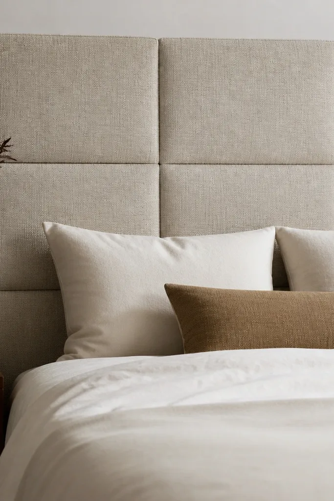 A headboard made from large foam blocks arranged in a grid. The fabric is a textured oatmeal, and thick seams run vertically and horizontally, creating a modern block pattern.