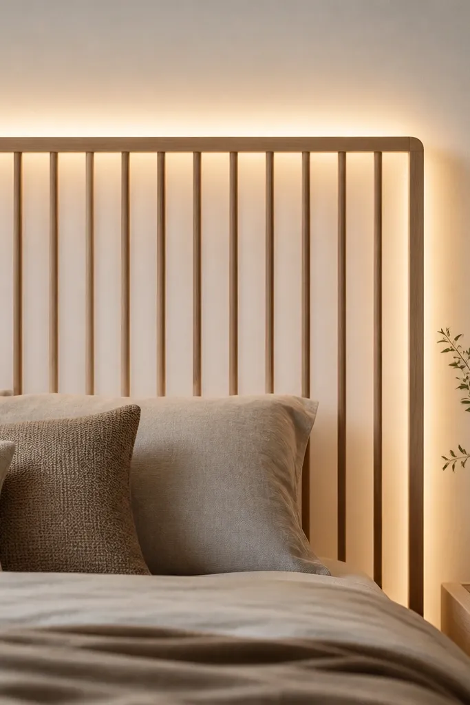 A headboard with a thin wood slat frame with a soft white diffuser panel behind. There's warm LED glow around the edges, creating a halo effect against a neutral wall.