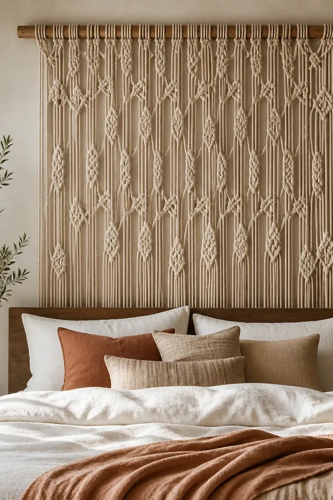 A macrame-style rope panel hung from a thick wooden dowel. The knots form a loose vertical pattern with a fringe bottom. The rope is natural cream, and it hangs like a soft screen behind the bed.