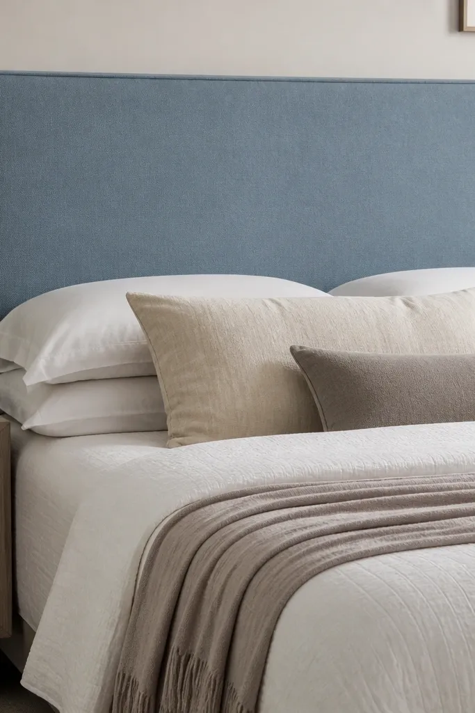 A tailored fabric headboard with a clean border and a subtle zipper line on the back. The front is smooth, with no puckers, in a dusty blue fabric.