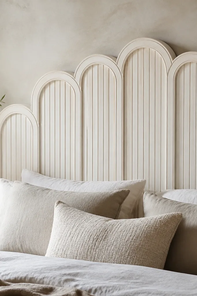 A headboard built from thick trim pieces arranged in a repeating pattern. The top edge has a scalloped curve made from rounded trim segments, painted warm white with a slight stain wash.