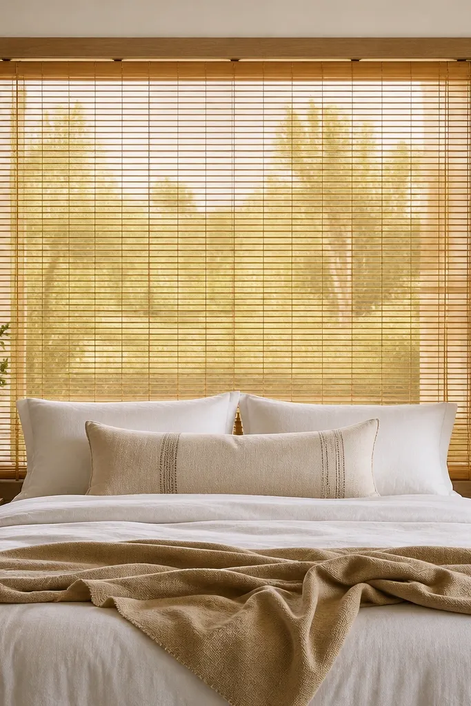 A bamboo roller shade mounted behind a bed, pulled open and framed with simple wood rails. The shade slats are light honey, and the bed has white bedding with a tan throw.