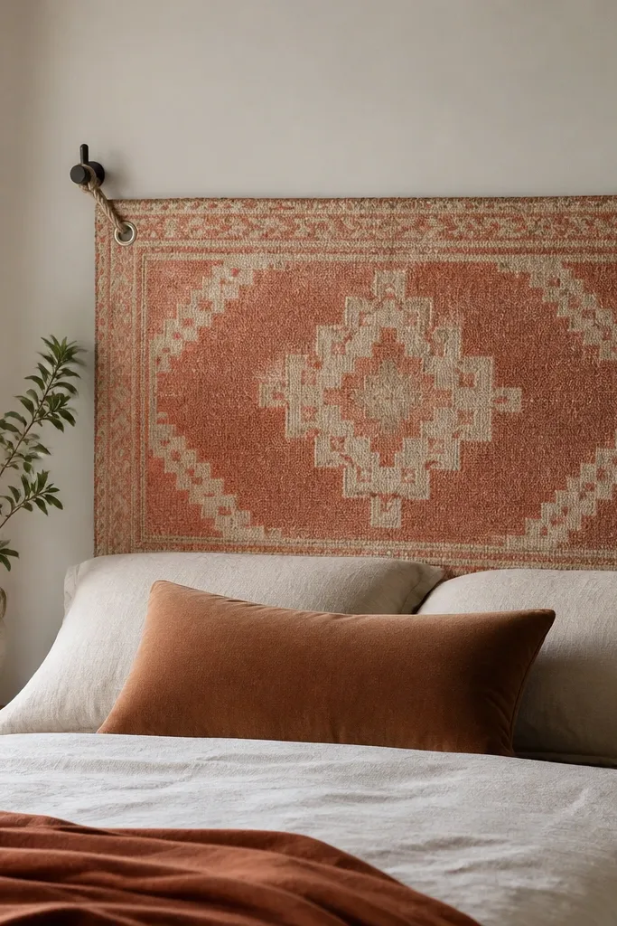 A headboard made from a small area rug remnant, backed with foam and stretched flat. The corners have metal grommets, and the rug is tied to wall hooks. The rug pattern is geometric in muted terracotta and cream.