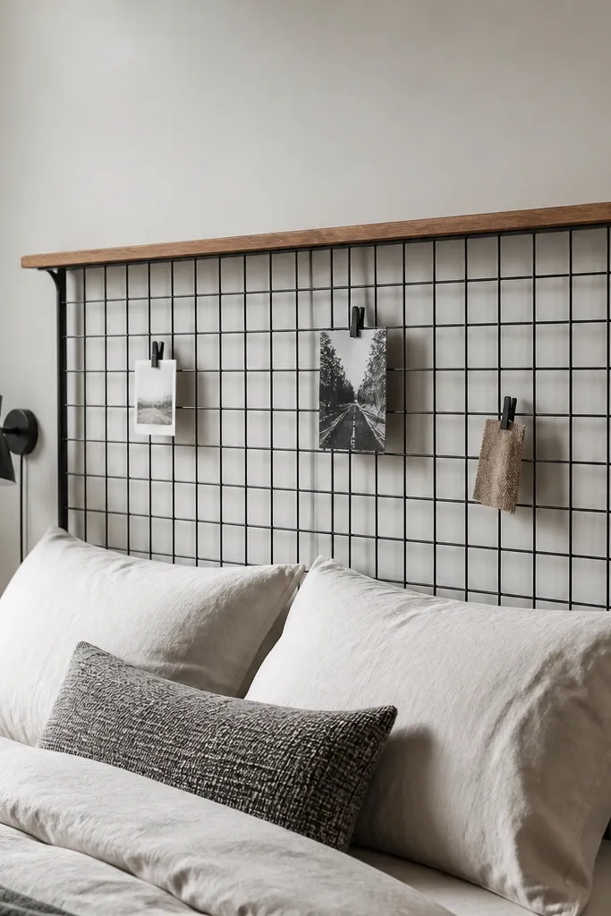 A headboard made from a painted metal grid sheet. A wooden shelf rail runs along the top, and small clips attach to the grid. The color is matte black with a warm wood top.