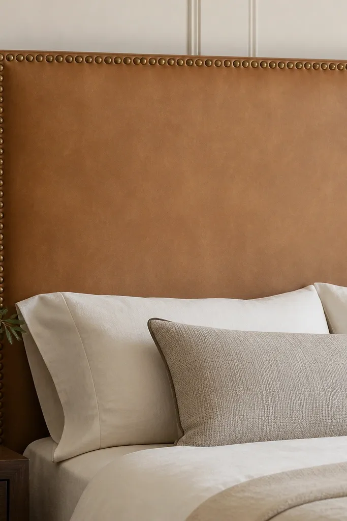 A soft headboard with a border of small metallic studs along the perimeter. The center is upholstered in warm tan faux leather or leather-look vinyl. The border studs form clean right angles.