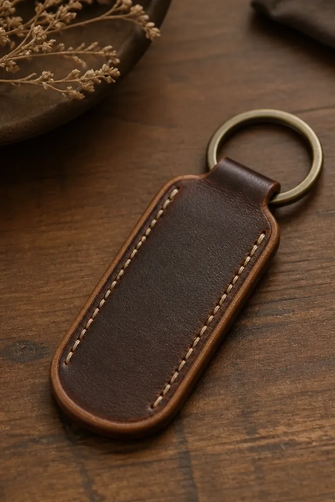 A dark brown faux leather key fob with a lighter tan border, a metal key ring at the top, and two straight rows of visible contrast stitching. The edges look burnished and smooth, photographed on a wooden table.