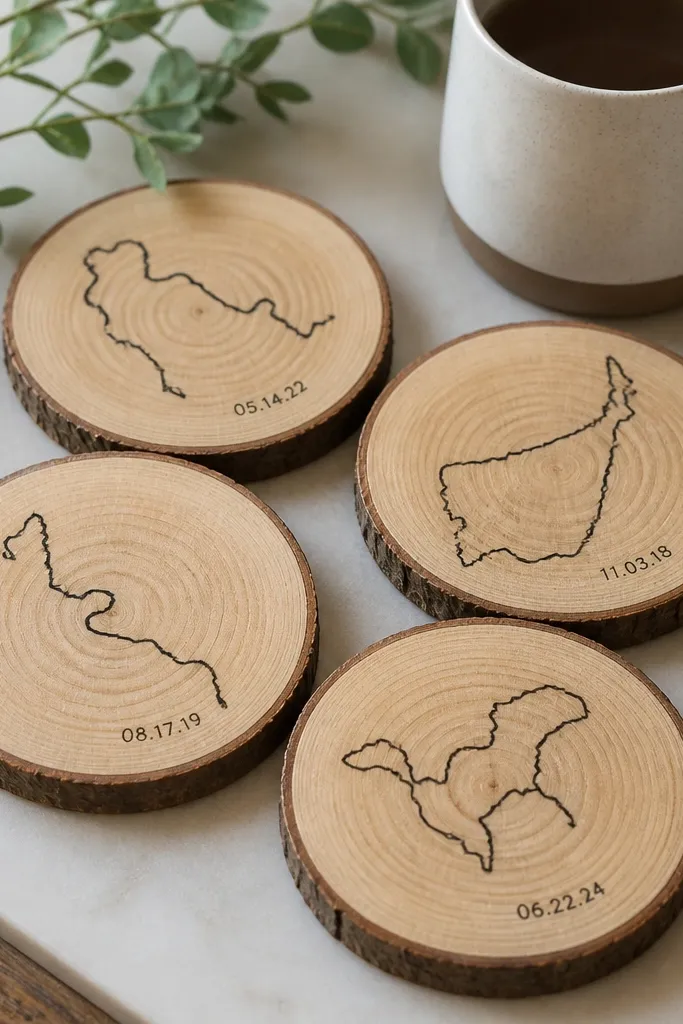 Four round wood slice coasters in a set, each with a simple black line drawing of a winding route and a small date in the corner. The wood grain is visible and sealed, photographed next to a mug.