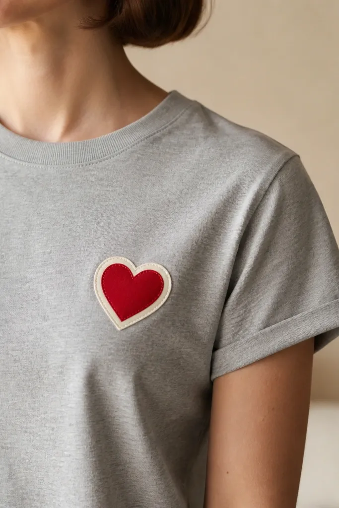 A gray T-shirt with an iron-on heart patch in red and cream fabric. The edges look crisp, with a small stitched-looking border made by heat-activated adhesive.