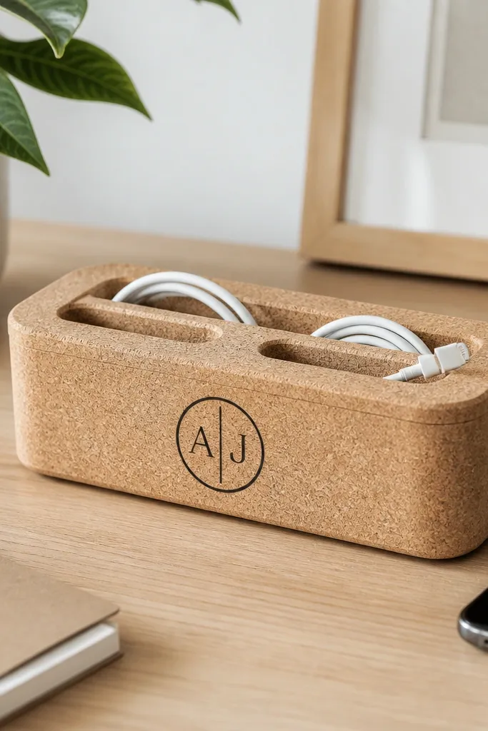 A cork organizer tray with rounded corners, two slots for cables, and a small monogram label in black vinyl on the front. It sits on a desk with a phone cable plugged in.