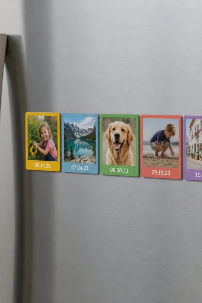 A set of small rectangular magnets on a fridge door showing a strip of 5 photos. Each photo has a colored border and a tiny date label at the bottom in white text.