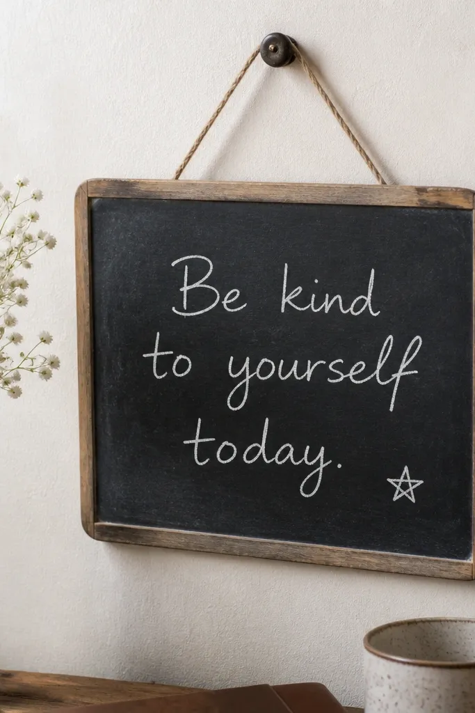 A small rectangular board with a chalkboard finish, held by a hook or strap. It has a neat handwritten message in white chalk and a tiny star doodle in the corner.
