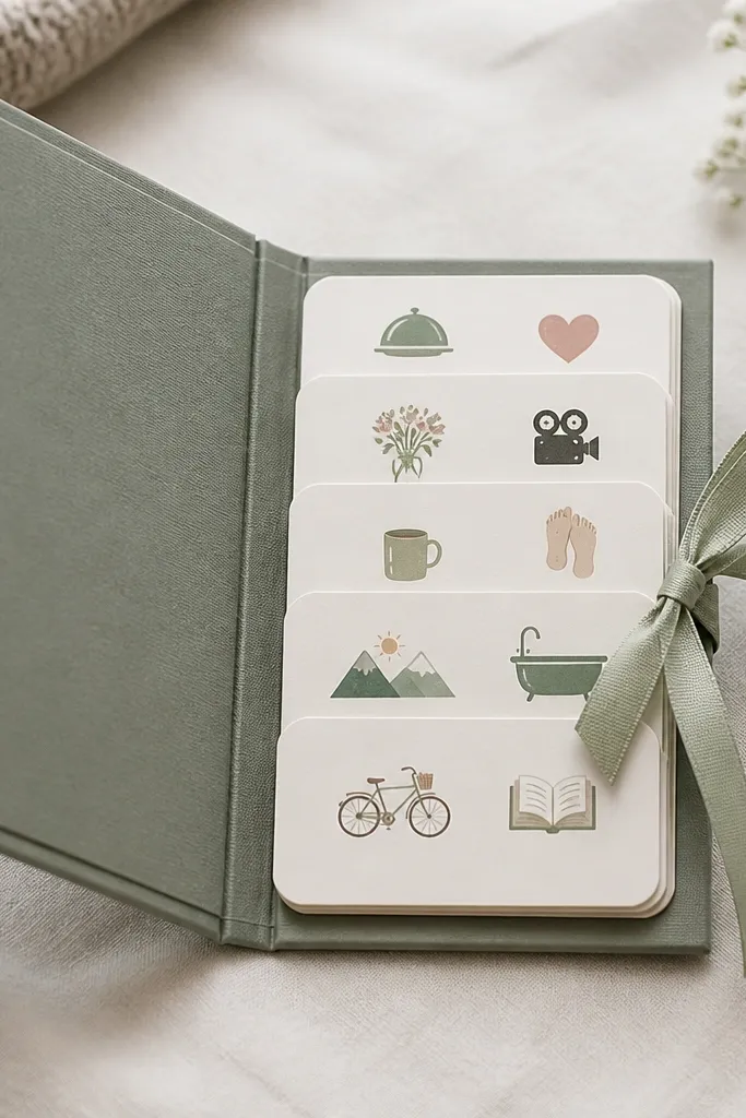 A small hardcover folder opened to show 10 coupon cards with rounded corners. Each coupon has a simple icon and a handwritten-style title, tied with a ribbon.