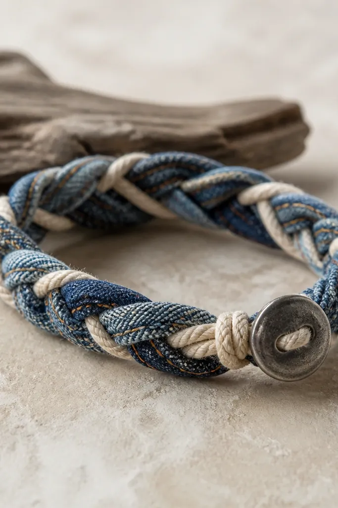 A braided bracelet made from denim strips and a soft rope cord, with a small metal button closure. The denim has visible stitching and faded blue tones.