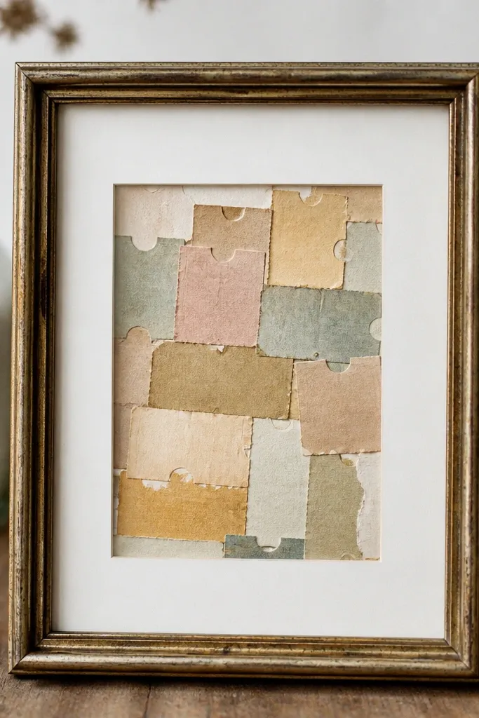 A small thrifted frame with a white mat inside. Inside is a collage panel that looks like torn ticket stubs, each labeled with a mini memory date.