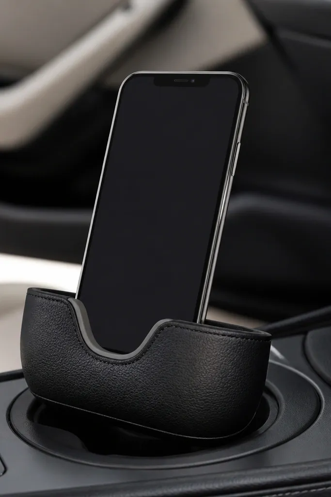A black sunglasses case modified into a phone stand, with a cut-out cradle and a rubbery grip base. It sits in a car cupholder with a phone propped upright.