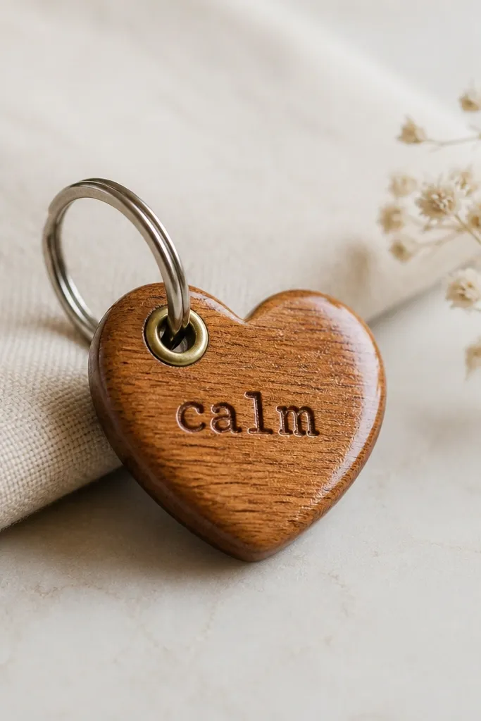 A small wooden charm shaped like a circle or heart, stamped with "calm" and coated with a clear finish. A key ring attaches through a metal eyelet, and the charm looks warm brown.