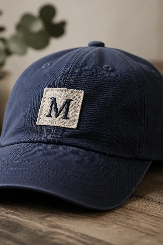 A baseball cap with a stitched-looking initial on the front. The patch is made from a small piece of fabric with a neat embroidered letter in contrasting thread.