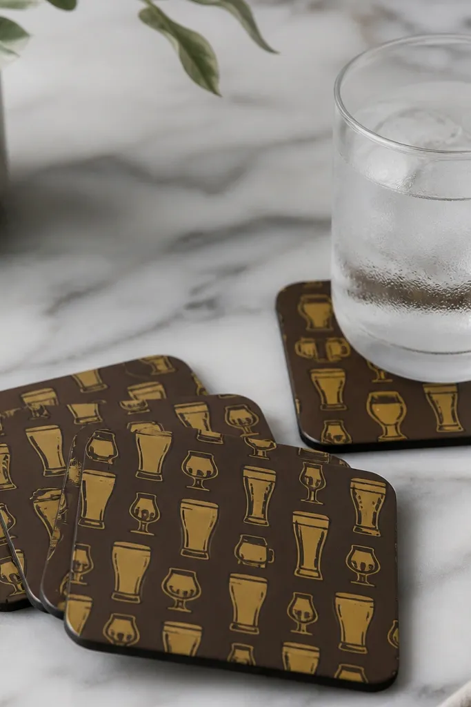 A set of square coasters with a repeating beer glass icon pattern in muted gold and brown. The surface looks smooth and sealed, photographed with a glass of water.