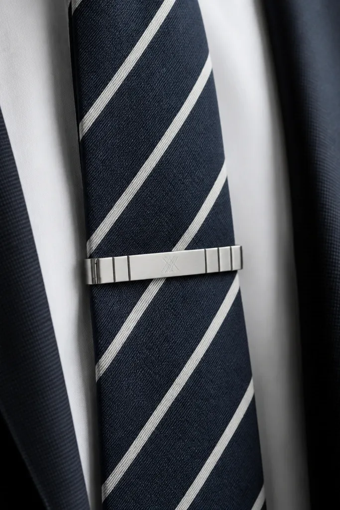A tie clip created from a small section of a metal watch band, with a brushed finish and a simple engraving. It's shown clipped onto a striped tie.