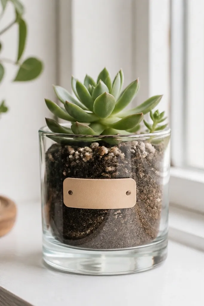 A reused candle jar turned into a mini succulent planter with a small label that says his name or a date. The jar has a clean rim and sits on a windowsill.