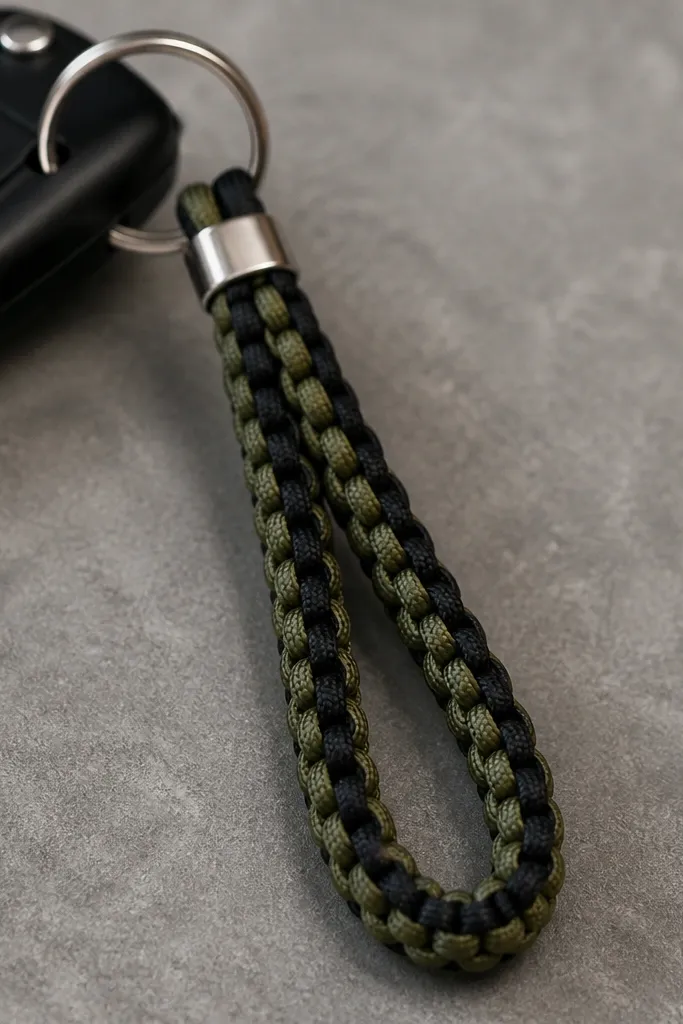 A paracord lanyard hanging from a car key ring, with a small metal clamp and a two-tone braid in black and olive. The weave looks tight and even.