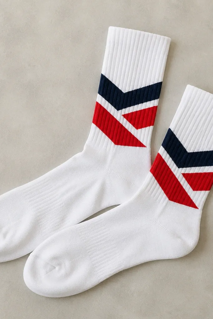 A pair of white crew socks with a bold geometric stripe pattern in navy and red near the ankle. The paint looks smooth and not cracked, photographed on a neutral background.