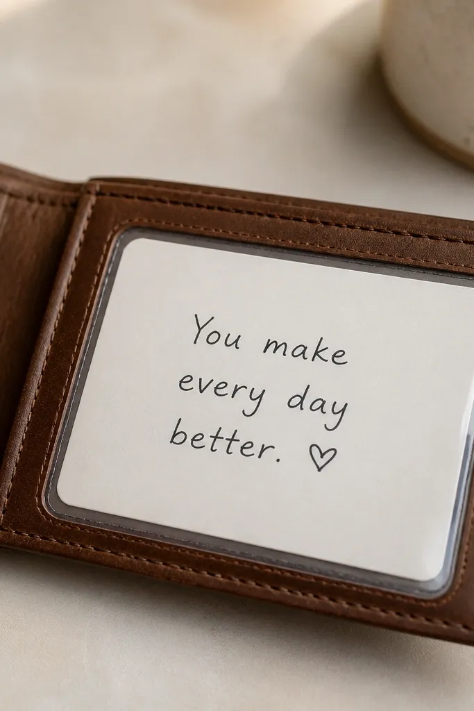A clear plastic sleeve holding a thick cardstock card with a handwritten-style message. The card fits inside a wallet window, and the handwriting is neat and dark.