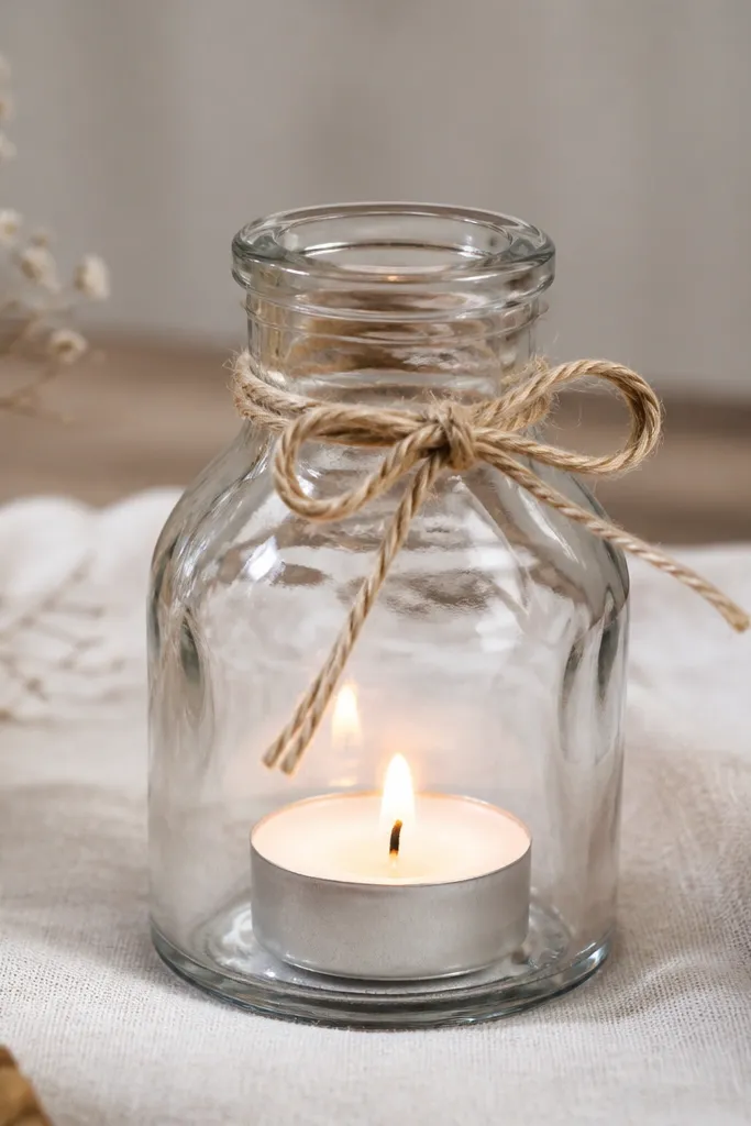 A small clear glass bottle cut or repurposed into a candle holder with a tea light inside. A twine bow is tied around the neck, and the bottle looks clean and glossy.