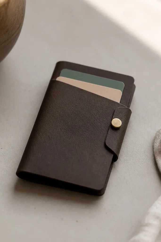 A slim card holder made from dark brown paper that looks like leather, with a small metal snap on the side. It's shown holding two cards.