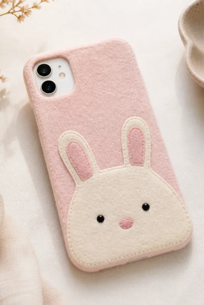 A phone back cover made from light pink and cream felt with a small bunny face appliqué. The ears are rounded triangles, the nose is a tiny stitched oval, and there are two black dot eyes. The edges are trimmed clean and the felt looks matte and soft.