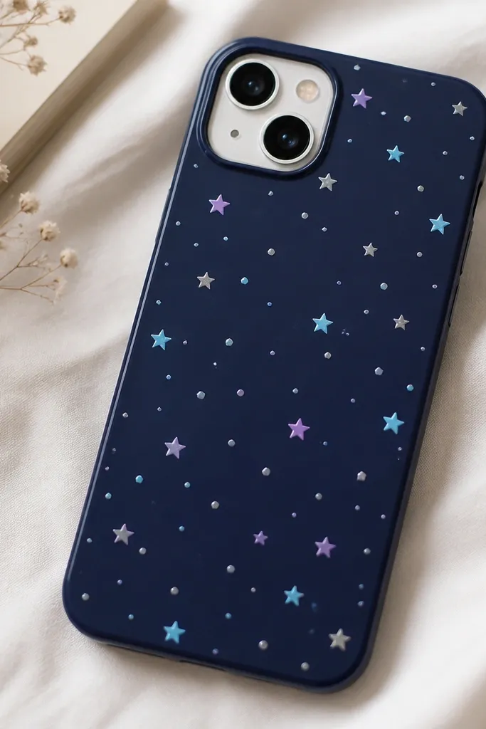 A dark navy phone cover with small scattered vinyl stars and dots in silver, lavender, and light blue. The camera area is left clear, and the vinyl pieces sit flat like confetti. The finish looks slightly glossy.
