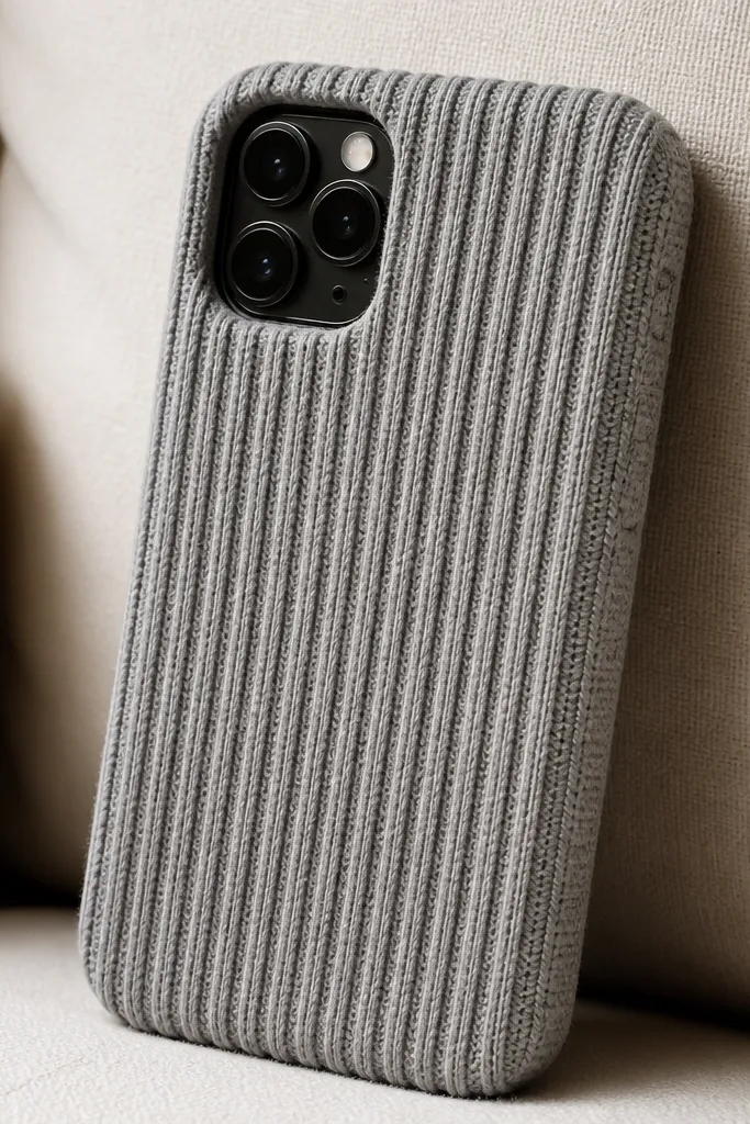 A phone cover wrapped in a small strip of ribbed knit fabric, like a sweater cuff. The knit has vertical lines and a heather gray color. There's a clean seam on one side and the camera cutout is neatly trimmed.