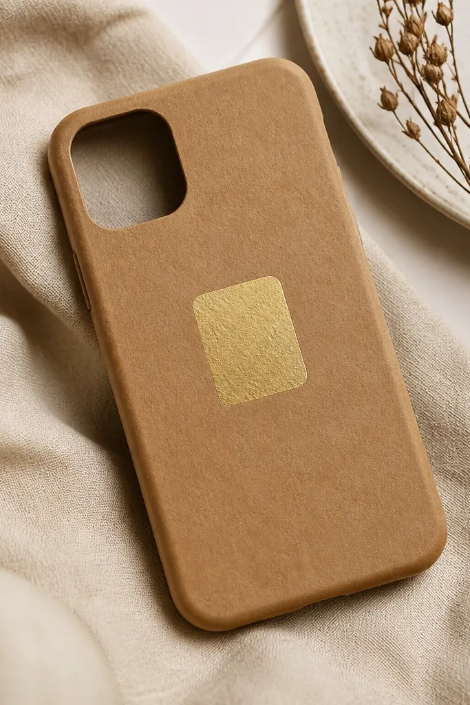 A warm brown kraft-paper phone cover with a small centered label made from gold foil or metallic tape. The label has a clean rectangular shape with rounded corners. The camera area is cut out and left plain brown.