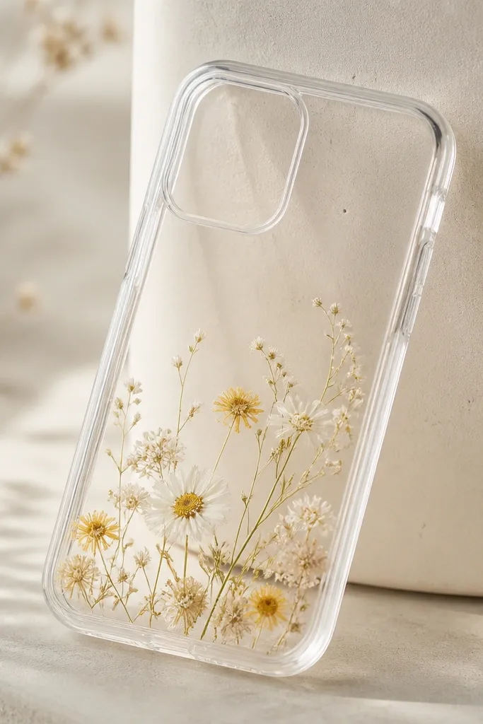 A translucent-looking phone cover with small dried flowers sealed under clear resin or clear gel medium. The flowers are pale yellow and white, placed near the bottom. The cover has a glossy, glassy finish.