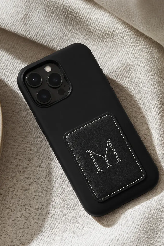 A black phone cover with a small faux leather patch on the back. The patch has a stitched-looking monogram in white thread. The patch corners are rounded and the stitching is straight.