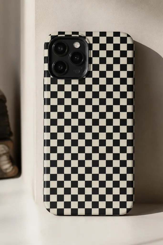 A phone cover covered in a neat mini checkerboard made from two colors of tape, like black and white. The squares are small, evenly spaced, and the camera opening is clean. The surface looks matte.