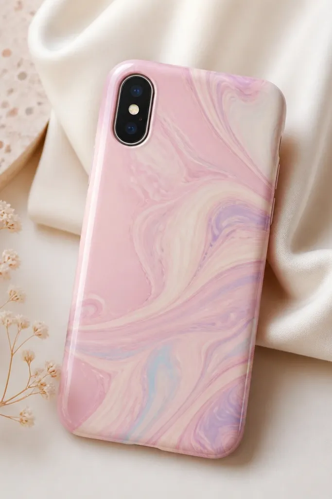 A light pink phone cover with a marbled paper pattern. Swirls of cream, pale blue, and soft lavender spread across the back. The surface is glossy and smooth, with a neat camera cutout.