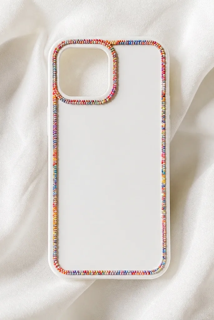 A simple white phone cover with a thin border around the edges made from tiny rainbow micro beads. The center is blank and the camera area is clear. The beads create a tiny frame effect.