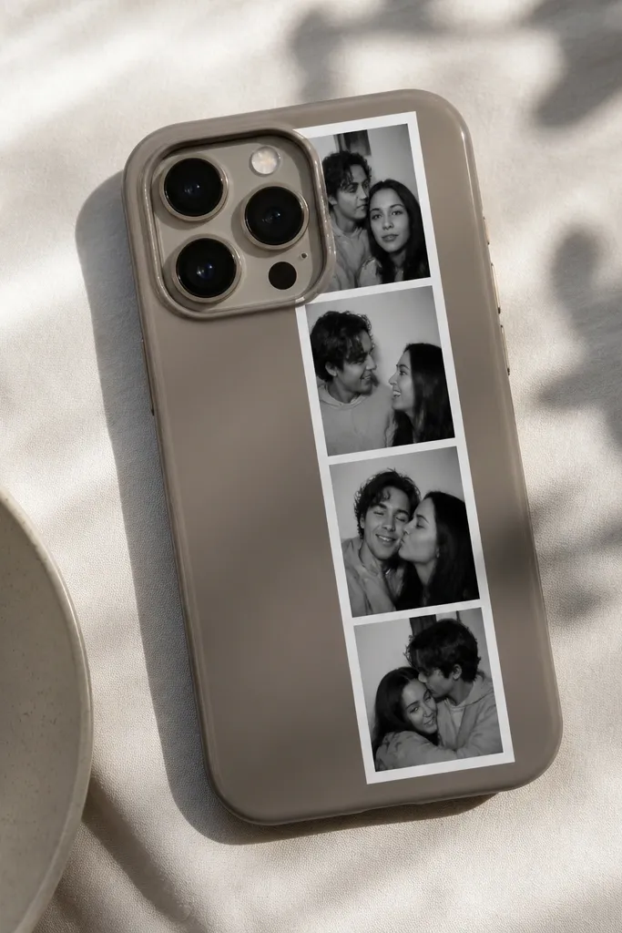 A phone cover with a strip of small photo booth style prints across the back. The photos are black-and-white with tiny captions. A thin white frame surrounds the strip, and the camera area is left open.