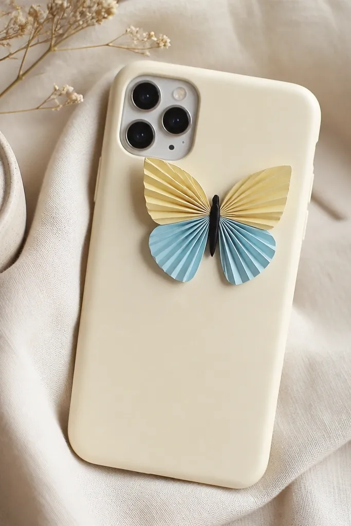 A cream phone cover with a butterfly made from folded paper wings. The wings have layered folds in soft yellow and pale blue. The body is a small black strip, and the butterfly sits near the top.