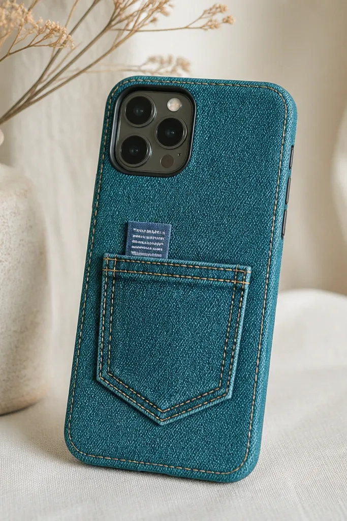 A teal denim phone cover with a small faux pocket stitched on the back. Inside the pocket is a tiny tag with white text-like lines (not real words). The cover has visible thread stitching and a neat camera cutout.