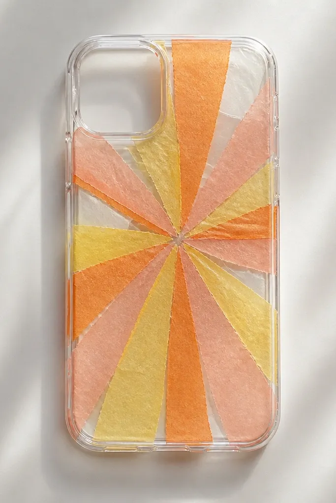 A transparent-looking phone cover with tissue paper rays fanning out from the center. The rays are made from yellow, orange, and peach tissue. Clear tape holds the rays in place, and the camera area is left clear.