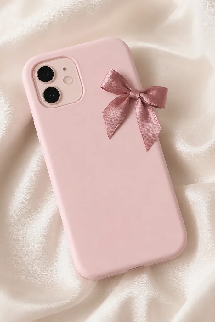 A light pink phone cover with a small satin bow on the side near the top. The bow is made from dusty rose satin ribbon with two loops and two tails. The phone back is otherwise plain, with a neat camera cutout.