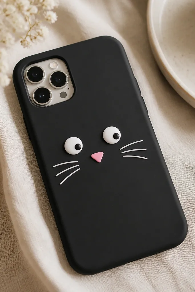 A matte black phone cover with a cute cat face appliqué. The eyes are glossy white circles with tiny black pupils. The nose is a small pink triangle, and whiskers are drawn with white paint marker.