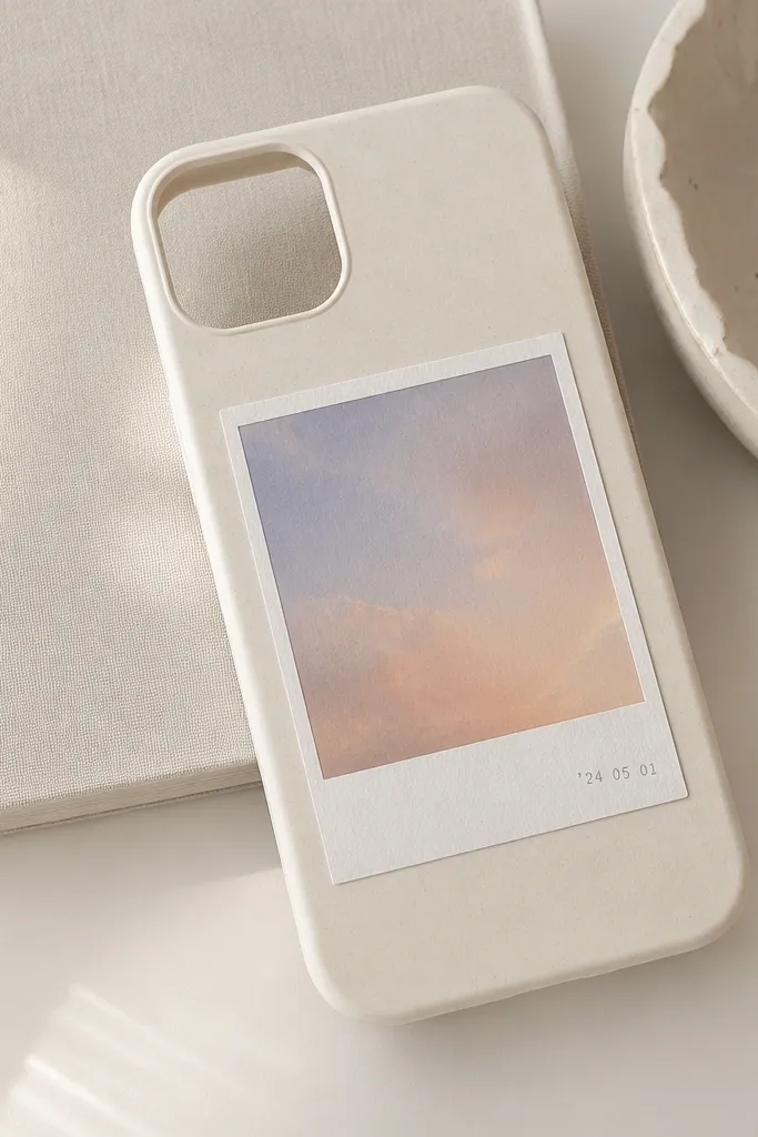 A cream phone cover with a Polaroid-style photo frame. The frame has a white border and a small gray date stamp graphic in the corner. The photo area shows a simple printed background like pastel clouds. The camera cutout is clean.